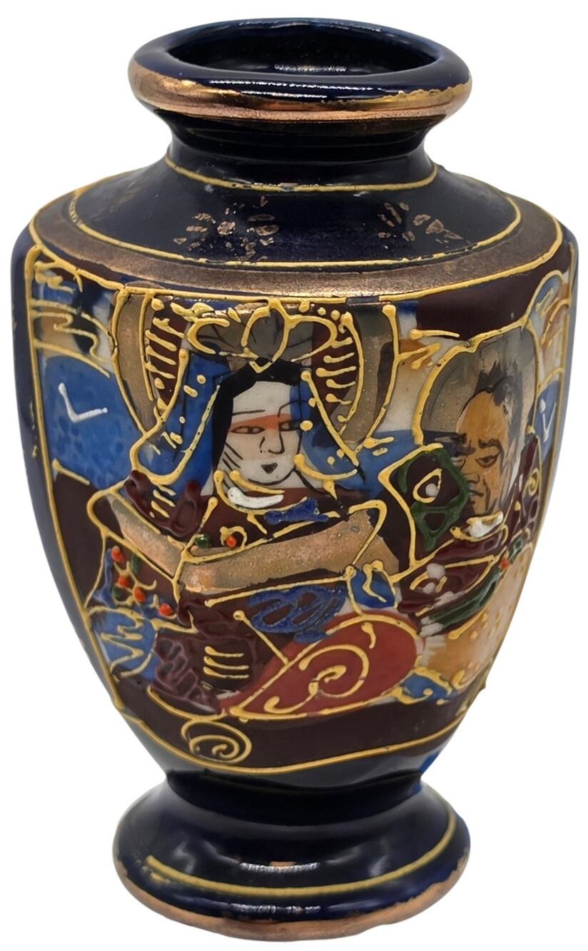 VINTAGE COBALT BLUE JAPANESE SATSUMA MORIAGE MINIATURE VASE